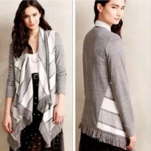 Saturday Sunday Anthropologie Gray and White Elise Fringe Cardigan